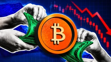 Hands holding cash stacks behind a Bitcoin coin with a red downward trend arrow.