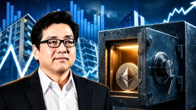 : Tom Lee next to an open metallic safe containing a silver Ethereum coin against a rising blue chart.