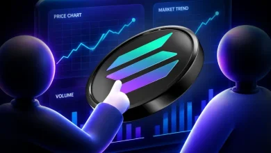 Stylized 3D figures analyzing a large Solana coin against a glowing price chart dashboard.