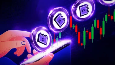 Floating purple Ethena tokens emerging from a smartphone screen next to a candlestick chart.