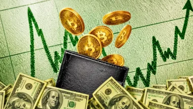 Golden Bitcoin coins floating out of a black wallet surrounded by stacks of US dollars.