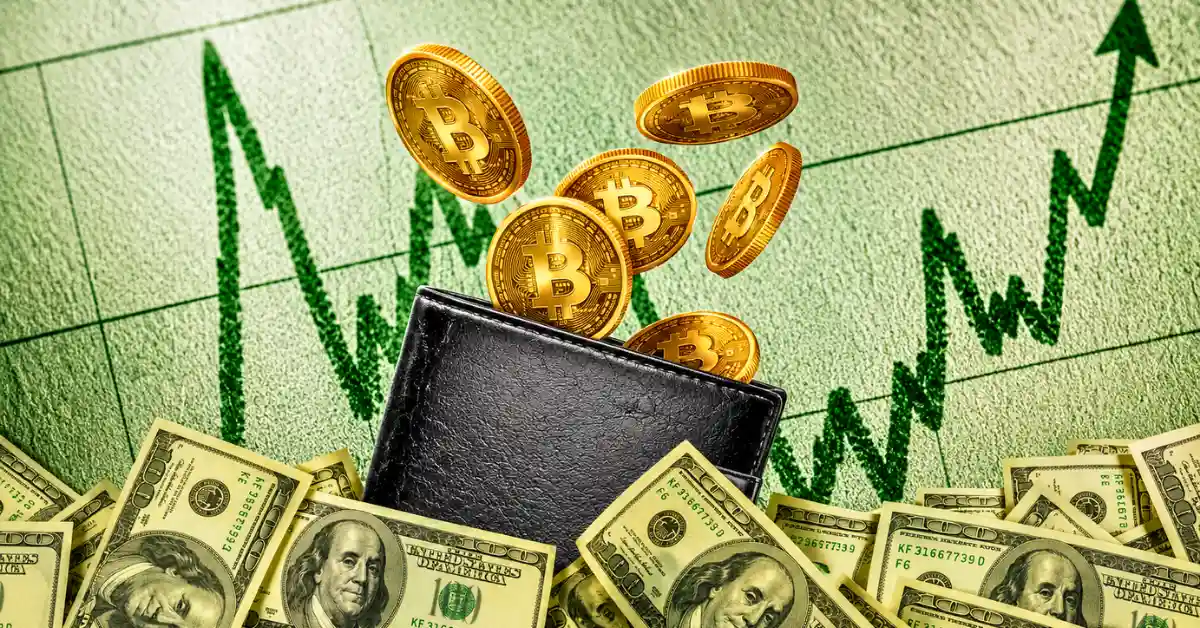 Golden Bitcoin coins floating out of a black wallet surrounded by stacks of US dollars.