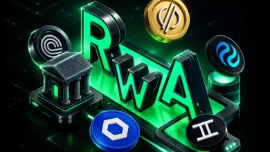 Large green 3D text reading "RWA" surrounded by floating crypto project tokens and a bank icon.