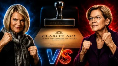 Cynthia Lummis and Elizabeth Warren in fighting stances flanking a CLARITY Act document.
