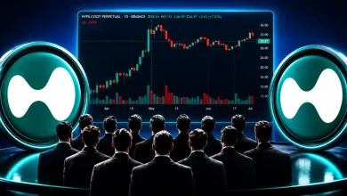 A crowd watching a HYPE/USDT candlestick price chart flanked by large Hyperliquid tokens.