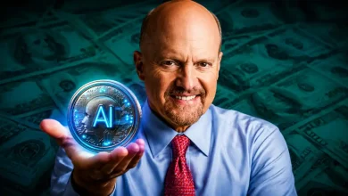 Jim Cramer holding a glowing AI tech coin over a background of dollar bills.