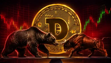 A 3D bear and bull facing off in front of a giant golden Dogecoin logo.