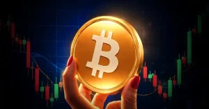A hand with red nails holding a large golden Bitcoin coin against a candlestick chart.
