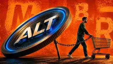 Man pulling a giant Altcoin crypto token with a shopping cart.