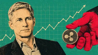 Illustration of Chris Larsen next to a hand holding an XRP coin.