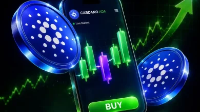 Cardano ADA crypto coins next to a smartphone showing trading charts.