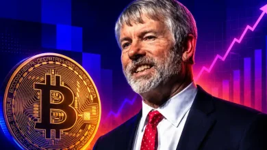 Michael Saylor next to a large Bitcoin coin and rising price chart.