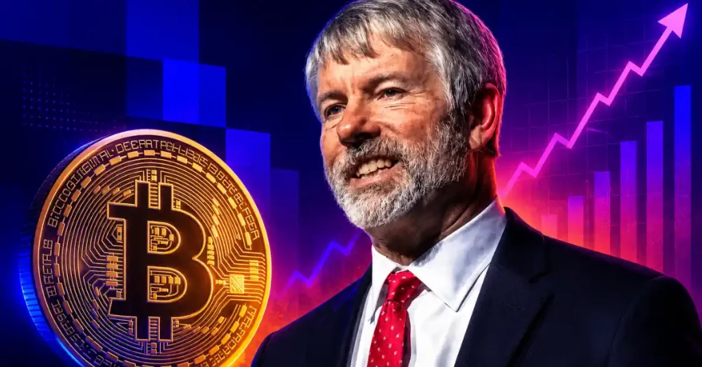Michael Saylor next to a large Bitcoin coin and rising price chart.