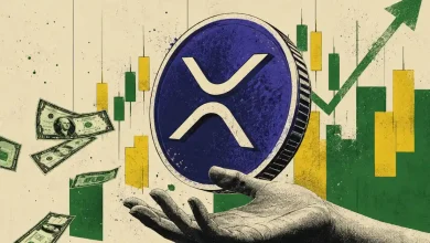 A retro-style digital graphic illustrating an XRP token floating over an open hand, surrounded by US dollar bills and a bullish candlestick chart.