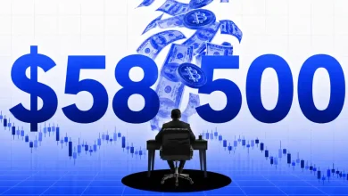 Man at a desk looking at a large blue 58,500 price tag with falling Bitcoin coins.