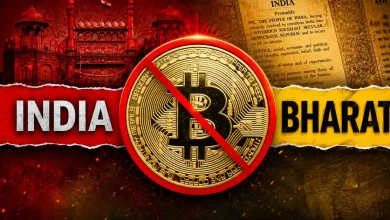 Banned Bitcoin symbol overlaid on India and Bharat text background.