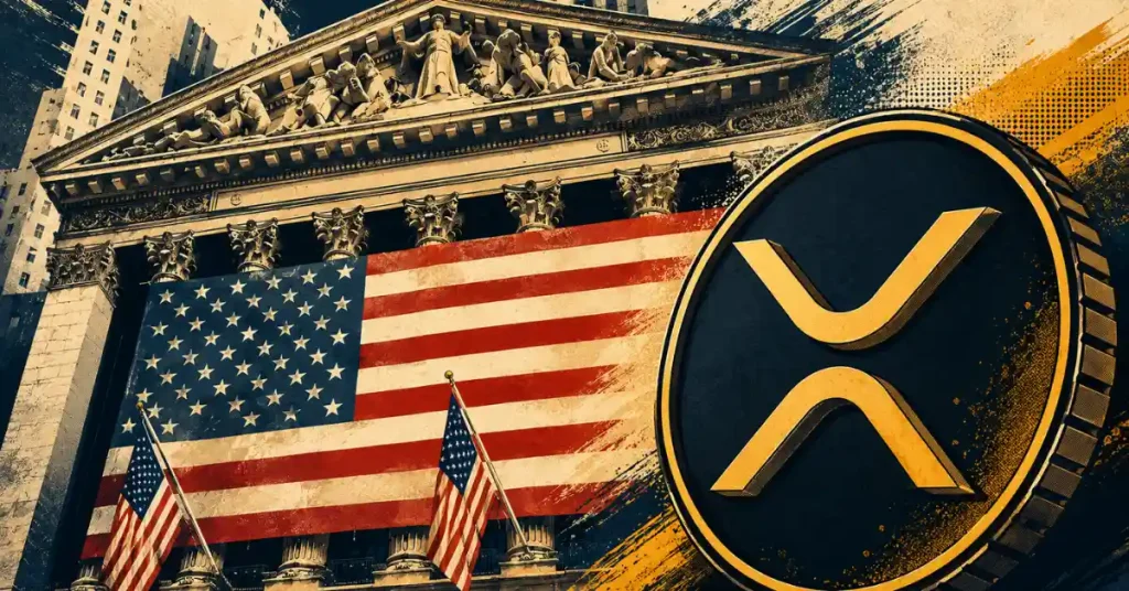 Gold XRP coin over the New York Stock Exchange with a US flag.