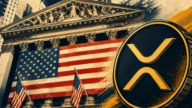 Gold XRP coin over the New York Stock Exchange with a US flag.