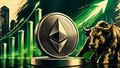 Large Ethereum coin next to a golden bull and rising charts.