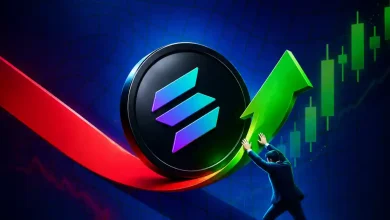 Creative market illustration depicting an investor shifting a Solana coin upward from a downtrend to a bullish candlestick chart.