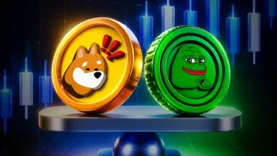 Bonk and Pepe crypto coins balanced on a scale with a trading chart background.