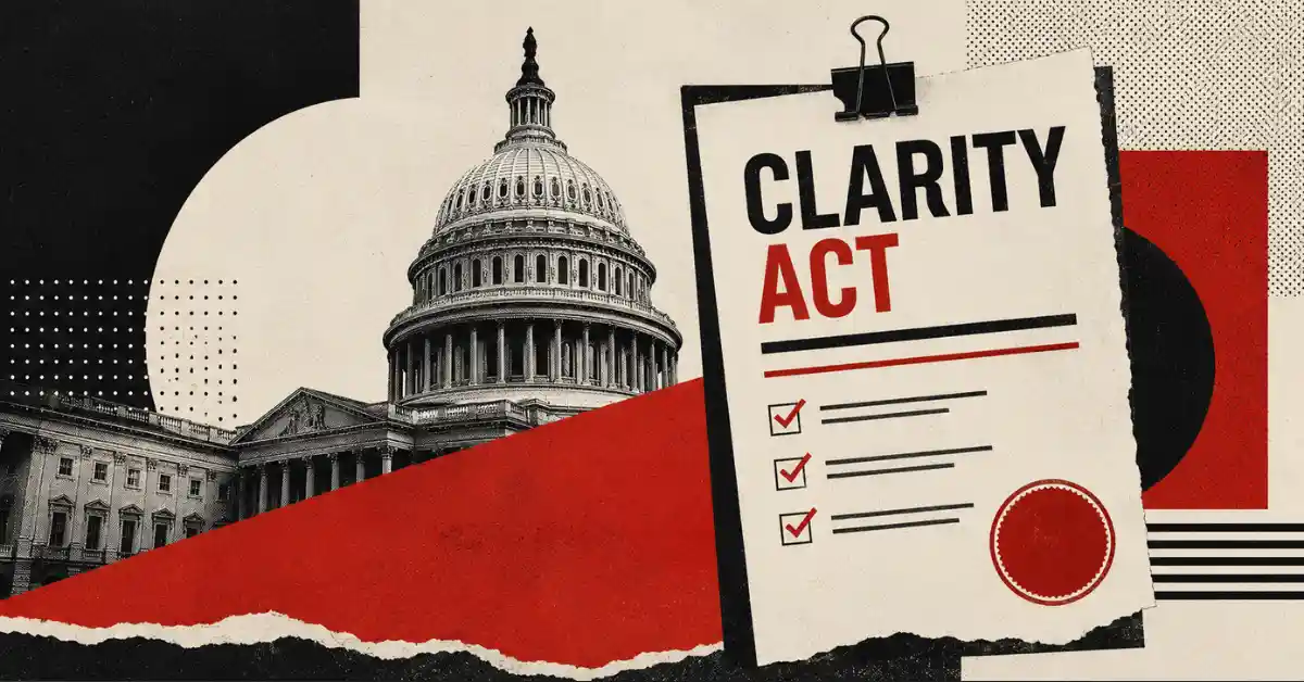 Clipboard with CLARITY Act text next to the US Capitol building.