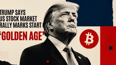 Donald Trump portrait next to a red Bitcoin logo and stock rally text.