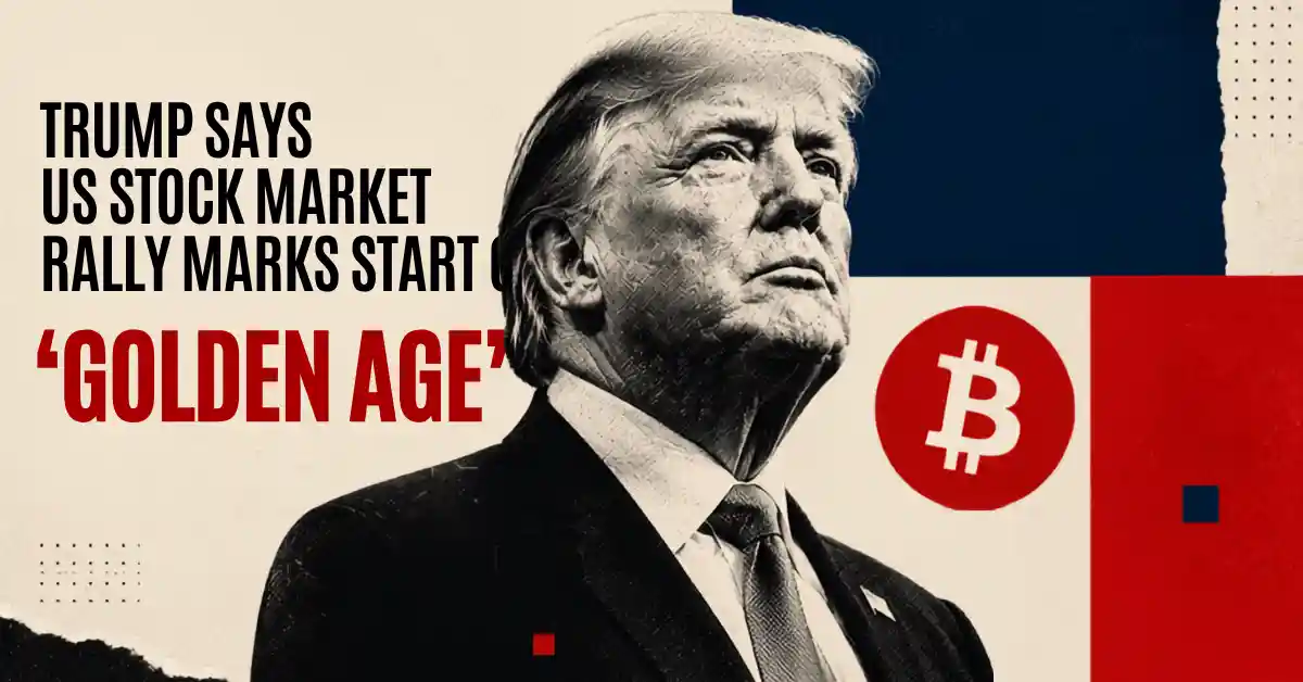 Donald Trump portrait next to a red Bitcoin logo and stock rally text.
