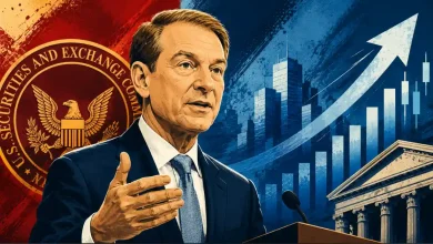 Graphic depicting Paul Atkins with the US SEC logo and a bullish candlestick chart, symbolizing regulatory steps toward on-chain markets.
