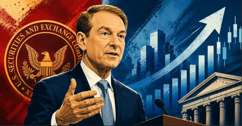 Graphic depicting Paul Atkins with the US SEC logo and a bullish candlestick chart, symbolizing regulatory steps toward on-chain markets.