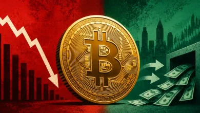Gold Bitcoin coin between a red downward arrow and spilling dollar bills.