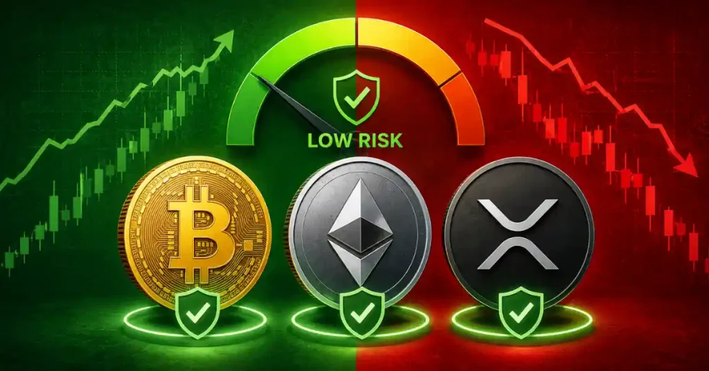Bitcoin, Ethereum, and XRP coins under a green low-risk meter.