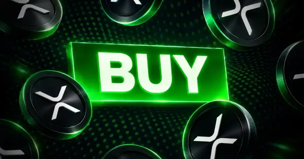 Glowing green BUY sign surrounded by dark silver XRP coins.