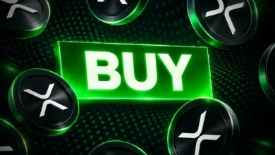Glowing green BUY sign surrounded by dark silver XRP coins.