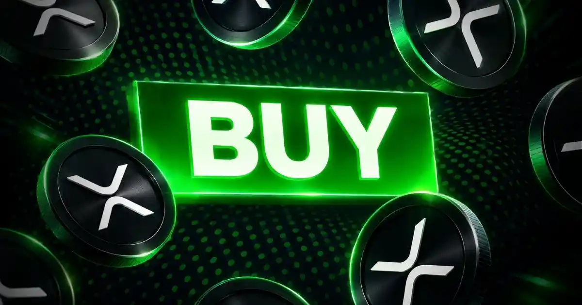 Glowing green BUY sign surrounded by dark silver XRP coins.