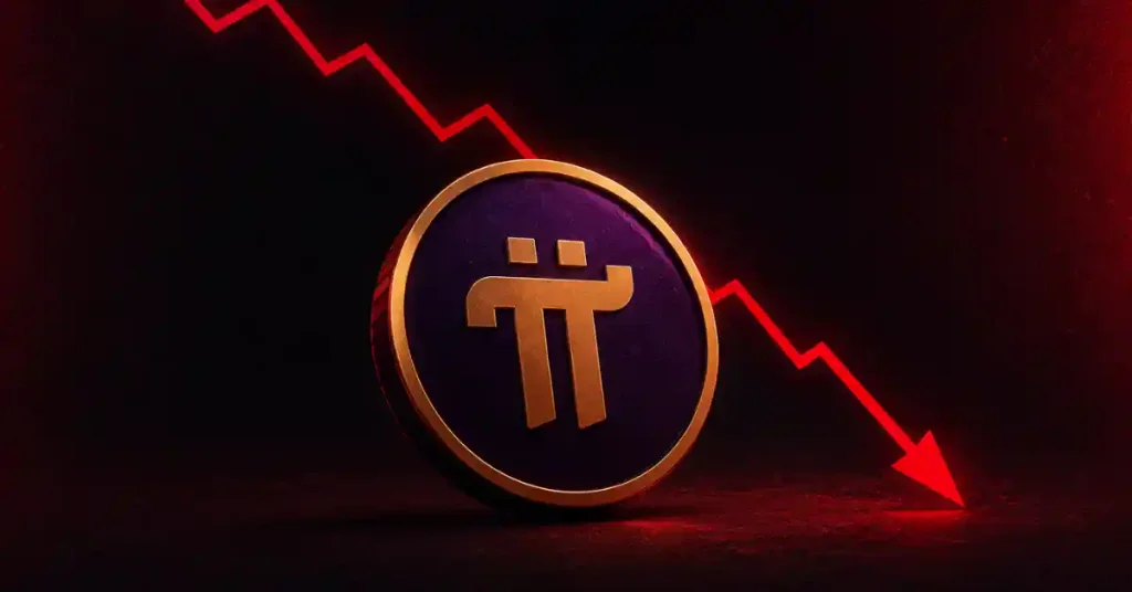 Purple Pi Network coin in front of a falling red market arrow.
