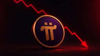 Purple Pi Network coin in front of a falling red market arrow.