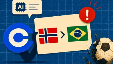 Coinbase logo holding a sign showing Norway's flag greater than Brazil's flag.