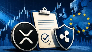 XRP token and Ripple shield next to an approved clipboard and EU map.
