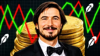 Robinhood CEO Vlad Tenev in front of gold coins and trading charts.