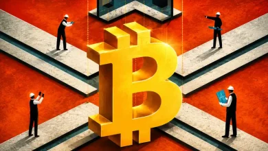 Large gold Bitcoin symbol surrounded by workers in hard hats on crossroad paths.