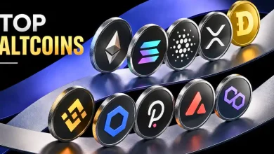 Row of popular altcoin tokens including Ethereum, Solana, and XRP.