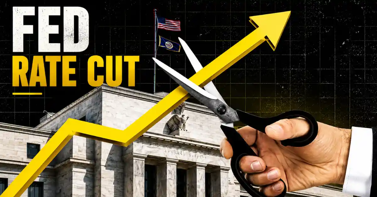 Scissors cutting a rising yellow arrow in front of the Federal Reserve building.