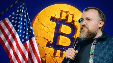 Charles Hoskinson speaking near an American flag and a cracked gold Bitcoin.