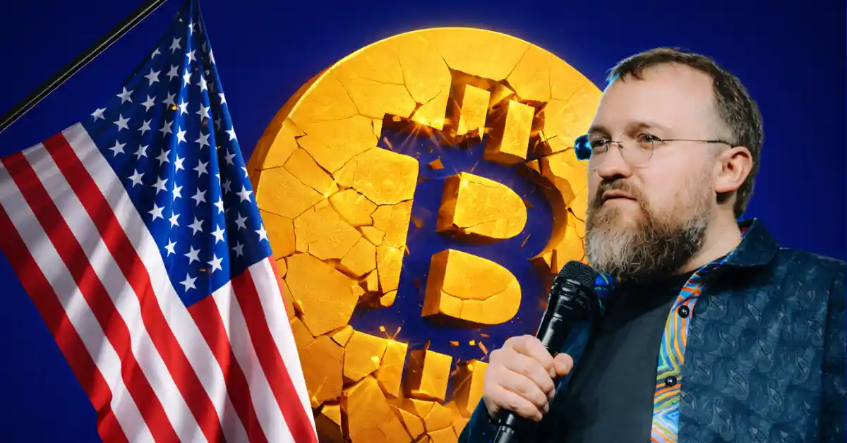 Charles Hoskinson speaking near an American flag and a cracked gold Bitcoin.