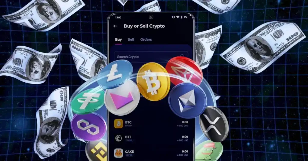 Multiple crypto tokens floating around a smartphone showing a trading interface.