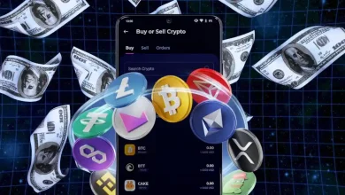 Multiple crypto tokens floating around a smartphone showing a trading interface.