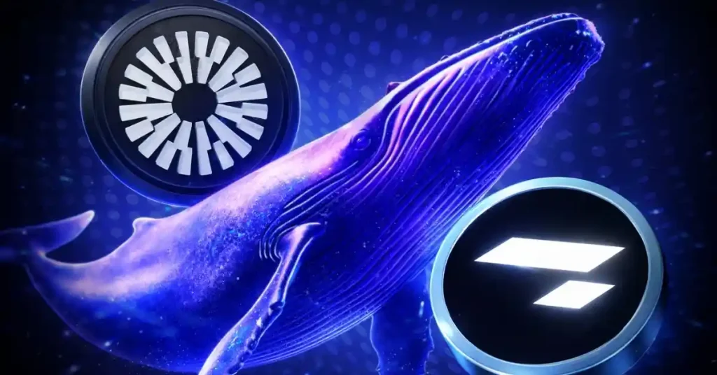 A blue whale swimming underwater next to glowing alternative crypto tokens.
