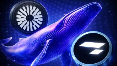 A blue whale swimming underwater next to glowing alternative crypto tokens.