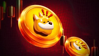 Golden Bonk tokens with warning symbols dropping past a red chart.